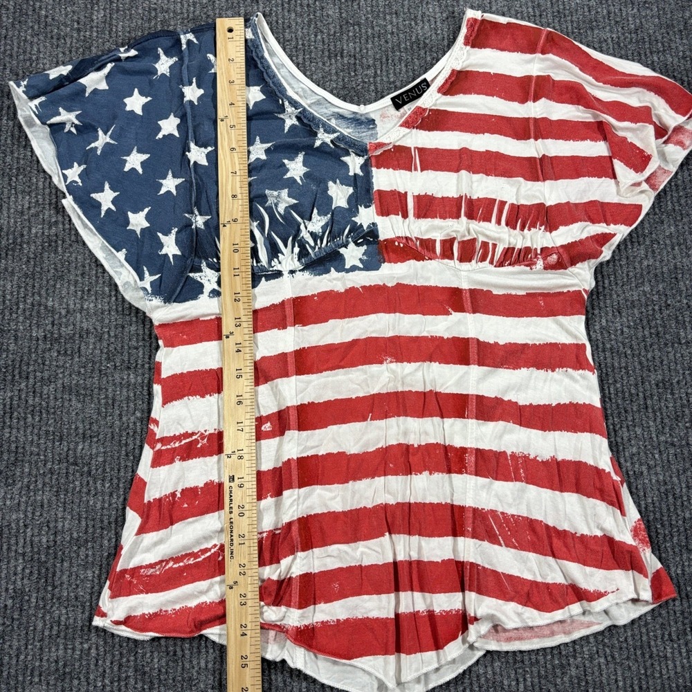 Venus American Flag Top Women Size L Red White Blue Stars Stripes Flutter Sleeve - Picture 4 of 7